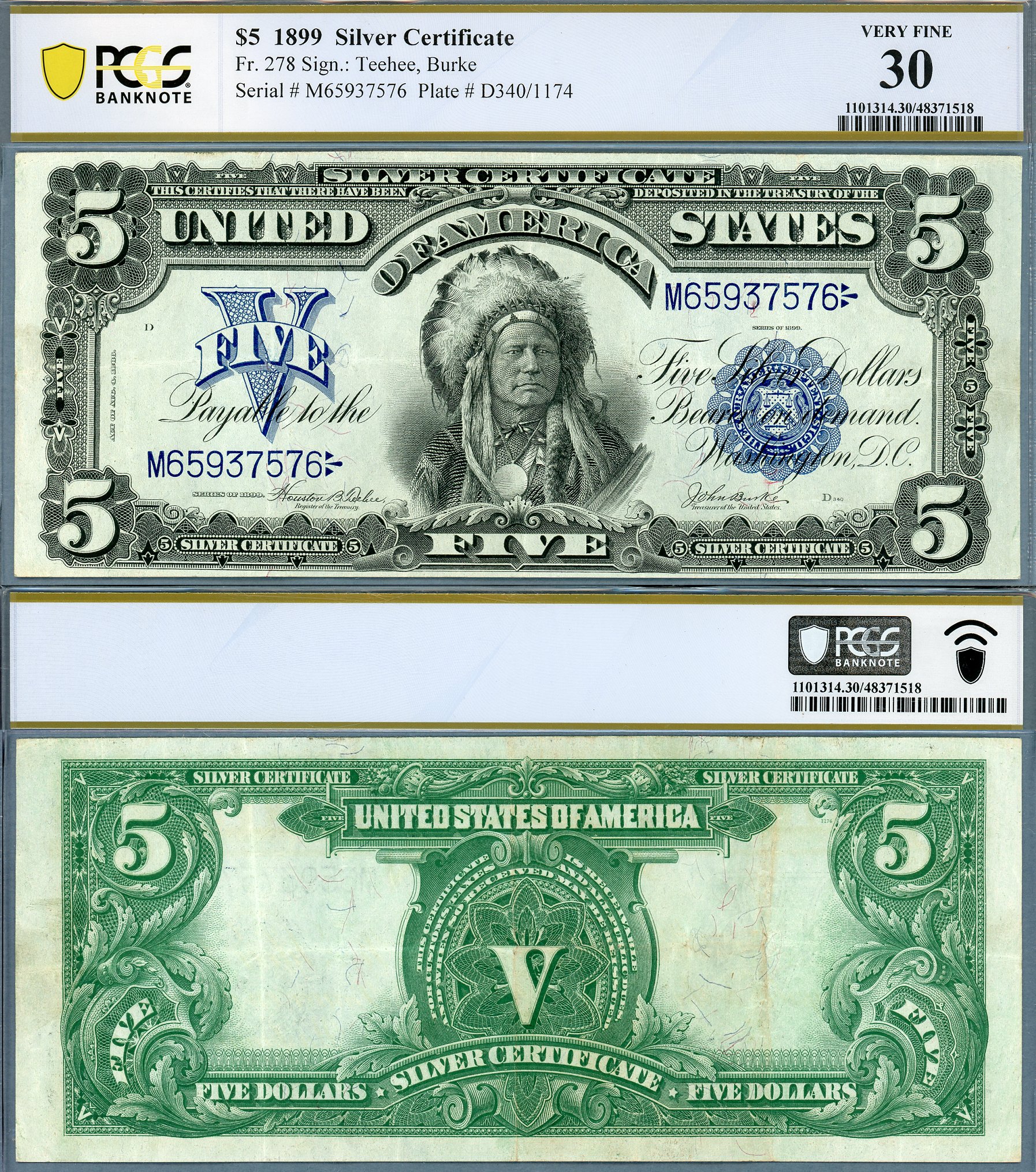 1899 $5 Silver Certificate FR-278 PCGS B Very fine 30 S/N M65937576
