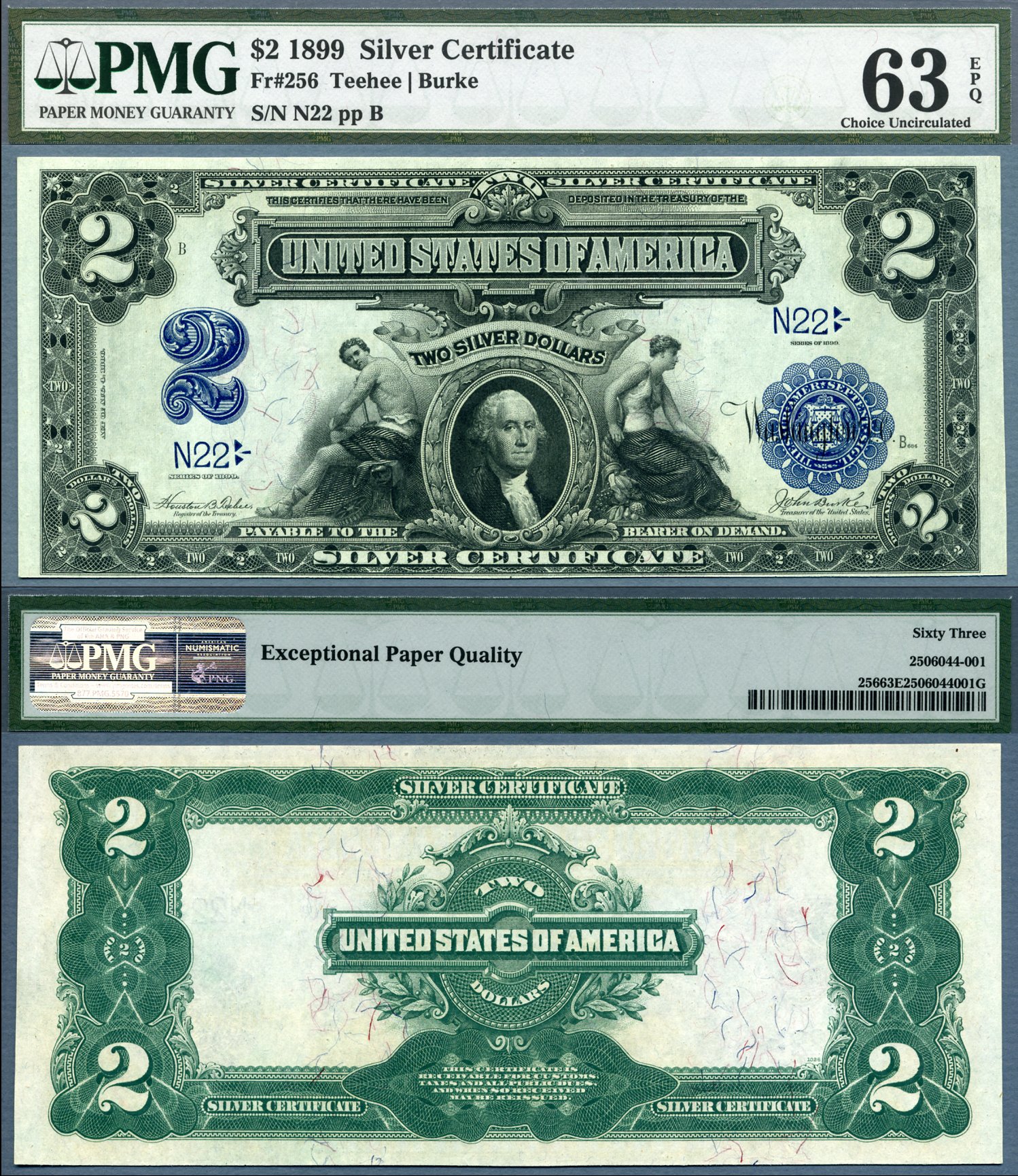 1899 $2 Silver Certificate FR-256 PMG CU 63EPQ Low & Fancy S/N N22