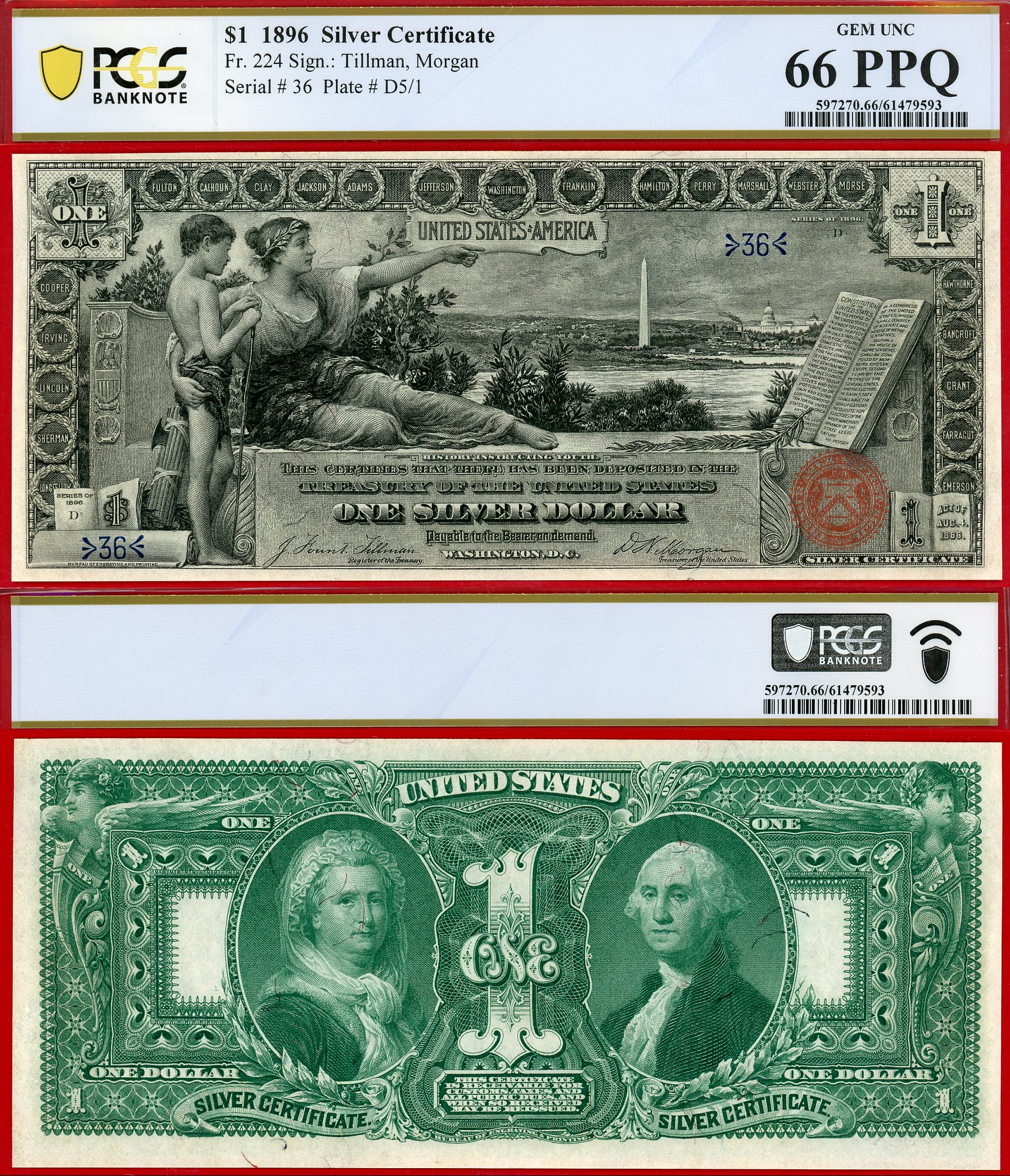 1896 $1 Silver Certificate Educational FR-224 Gem 66PPQ Low Fancy Two Digit S/N 36