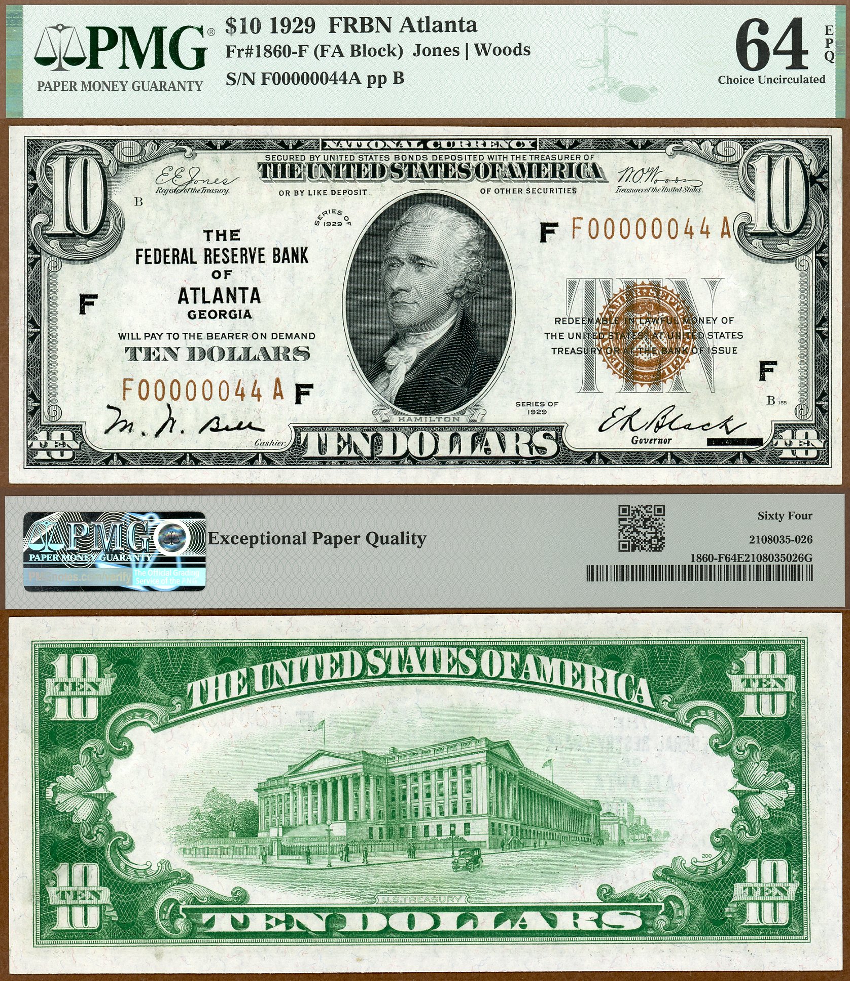 1929 $10 Federal Reserve Bank Note FR-1860F PMG CU 64EPQ Low S/N F00000044A