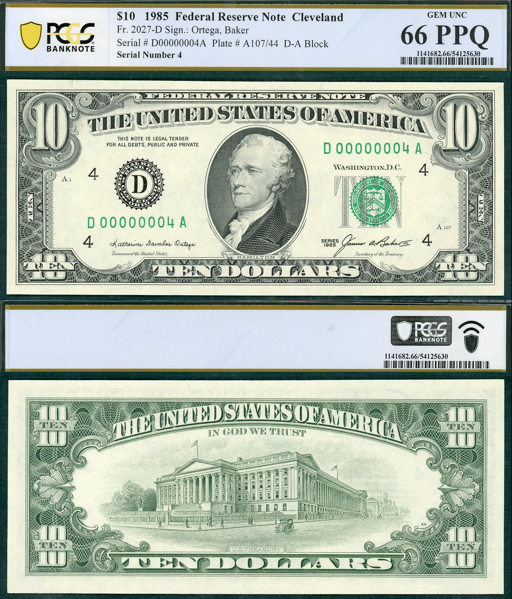 1985 $10 Federal Reserve Note PCGS GEM 66PPQ Low Fancy S/N D00000004A