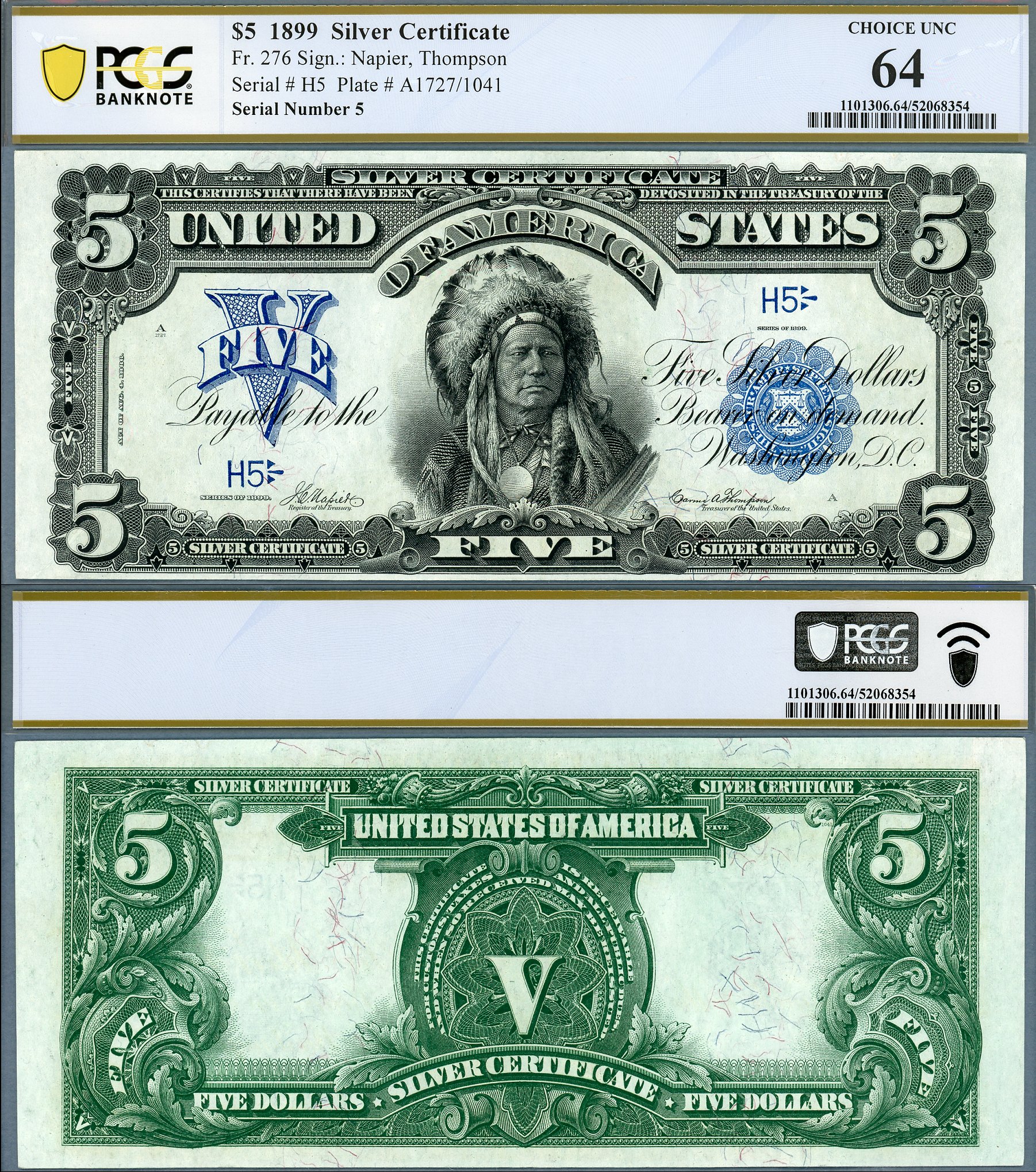1899 $5 Silver Certificate FR-276 PCGS Graded Choice Unc 64 S/N H5