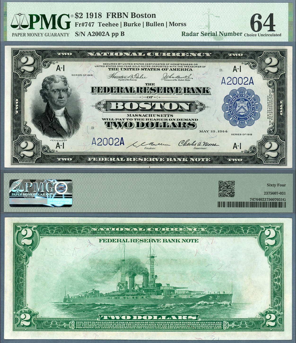 1918 $2 Federal Reserve Bank Note AKA The Battleship FR-747 PMG CU 64 S/N A2002A