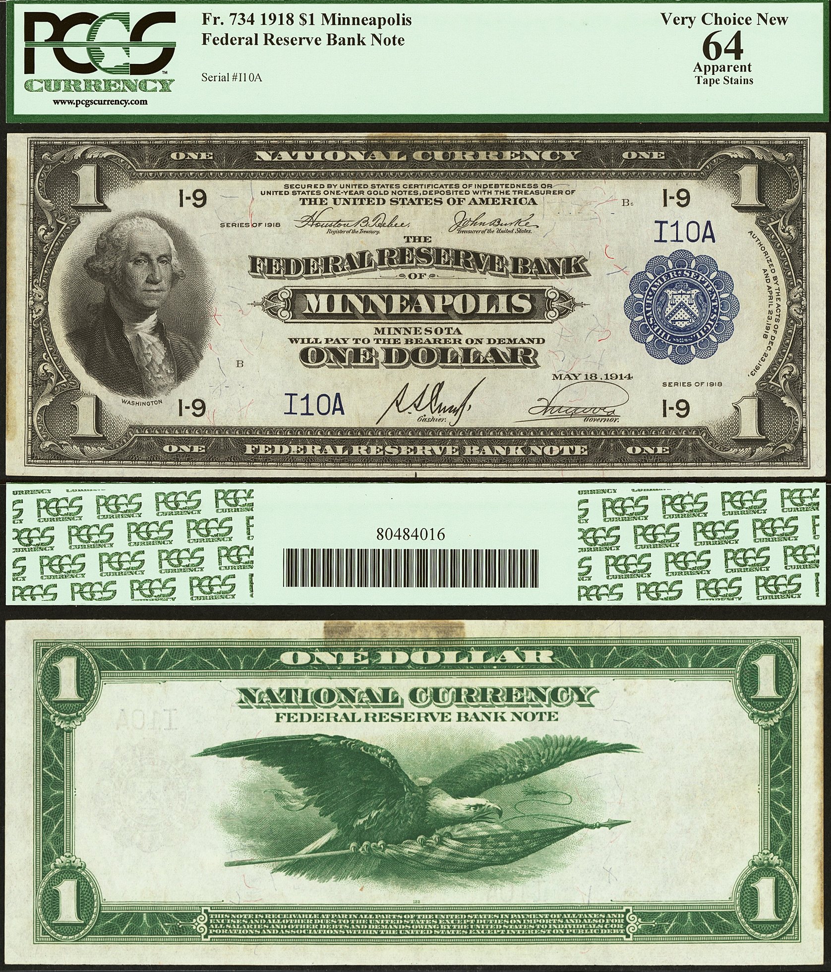 1918 $1 Federal Reserve Bank Note FR-734 PCGS CU64 S/N I10A