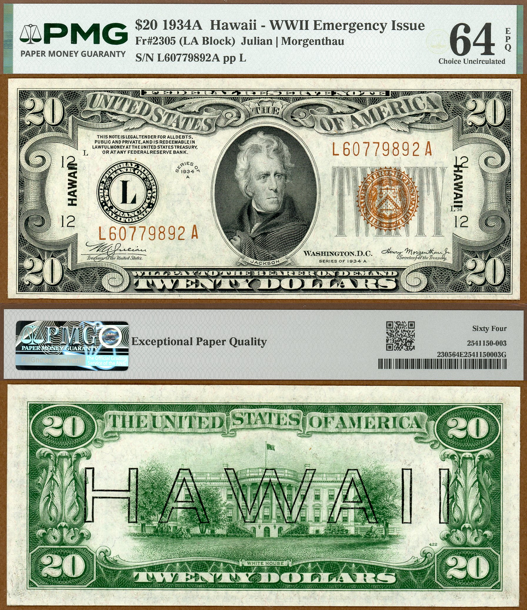 1934A $20 Hawaii FRN FR-2305 PMG Graded CU 64EPQ S/N L60779892A