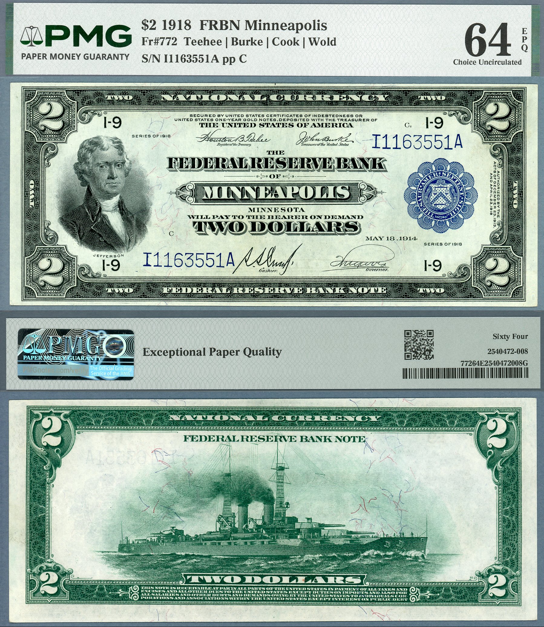 1918 $2 FRBN FR-772 Minneapolis Battleship Note PMG CU 64EPQ S/N I1163551A
