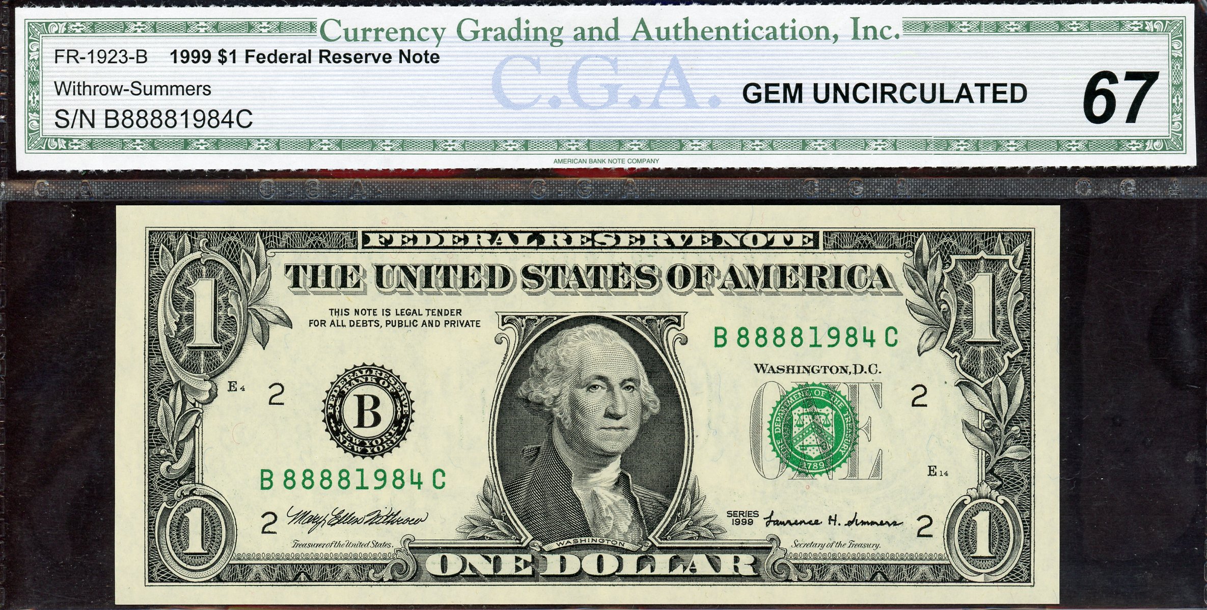 1999 $1 Federal Reserve Note S/N B88881984C