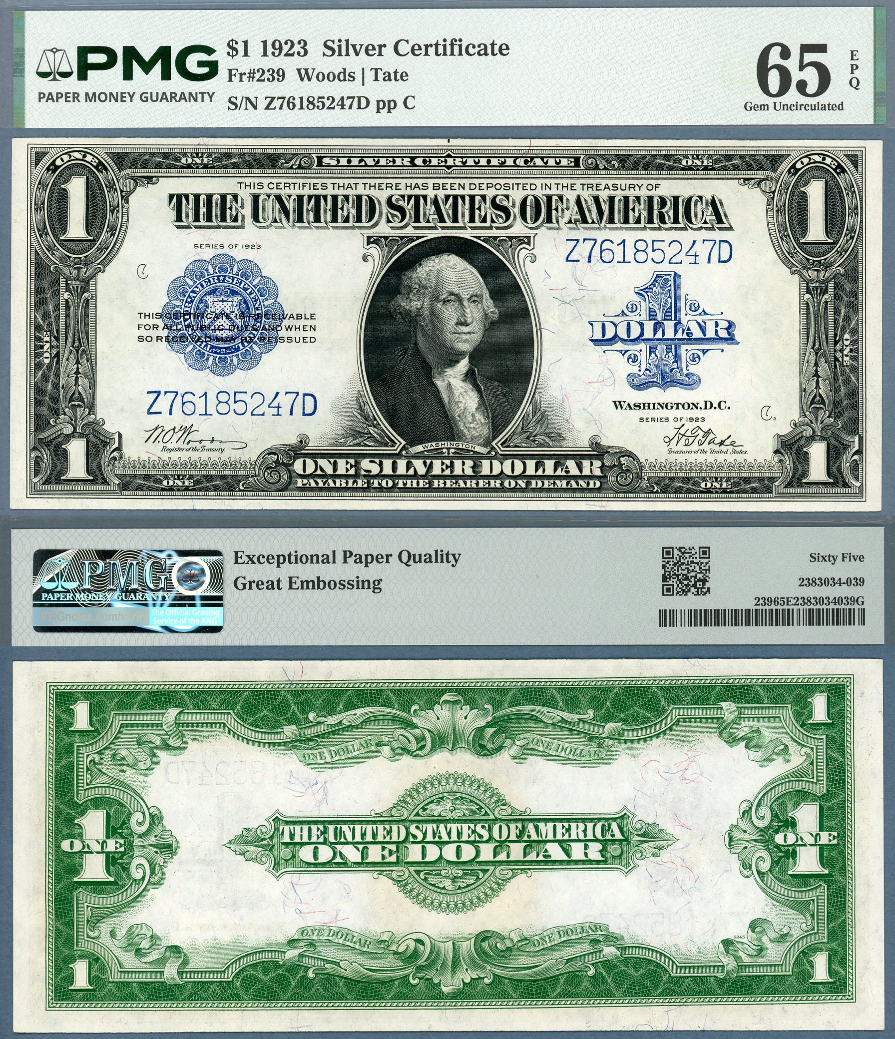 1923 $1 Silver Certificate FR-239 PMG Gem 65EPQ Great Embossing S/N Z76185247D