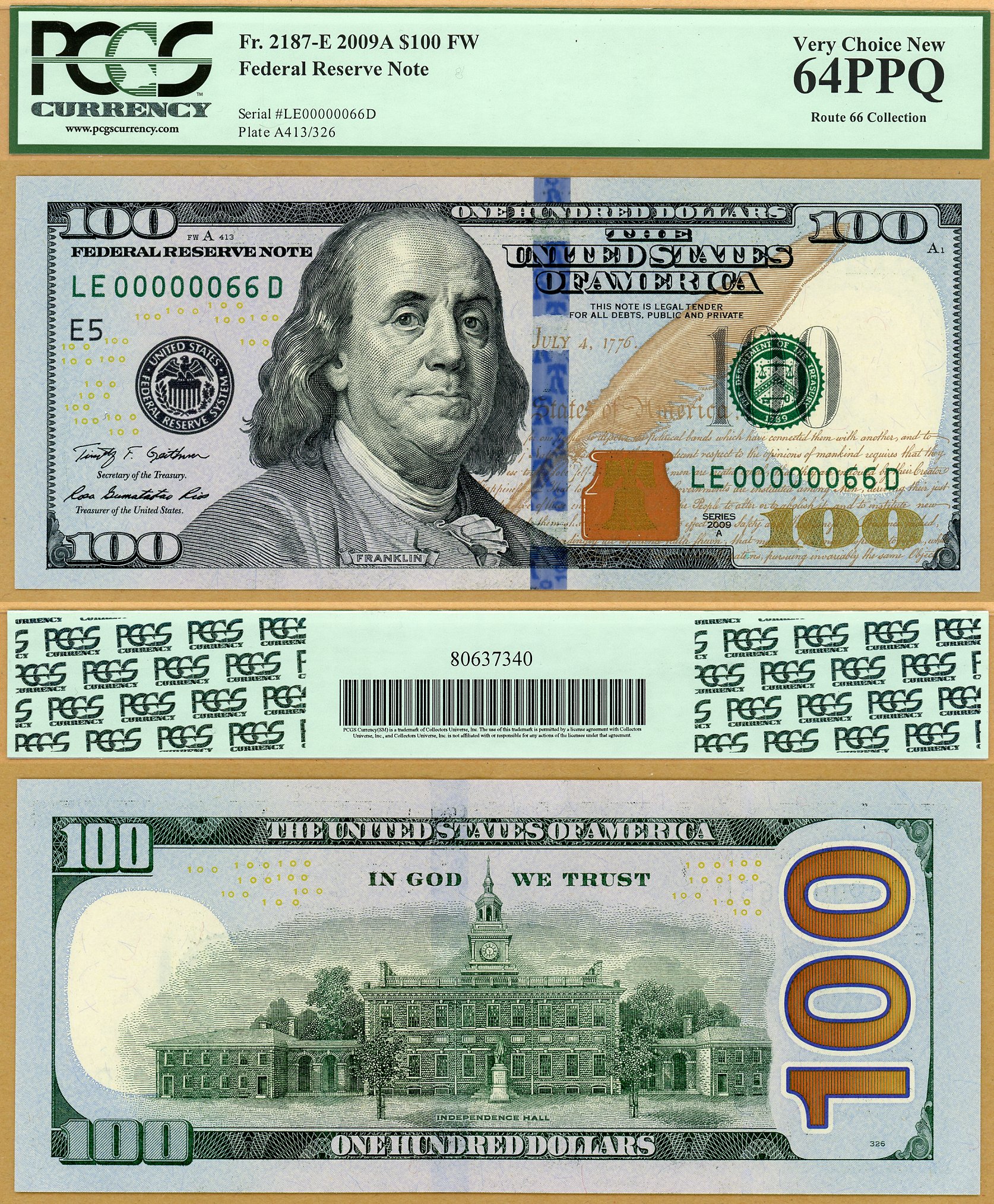 2009A $100 Federal Reserve Note FR-2187E PCGS CU64PPQ Low S/N LE00000066D