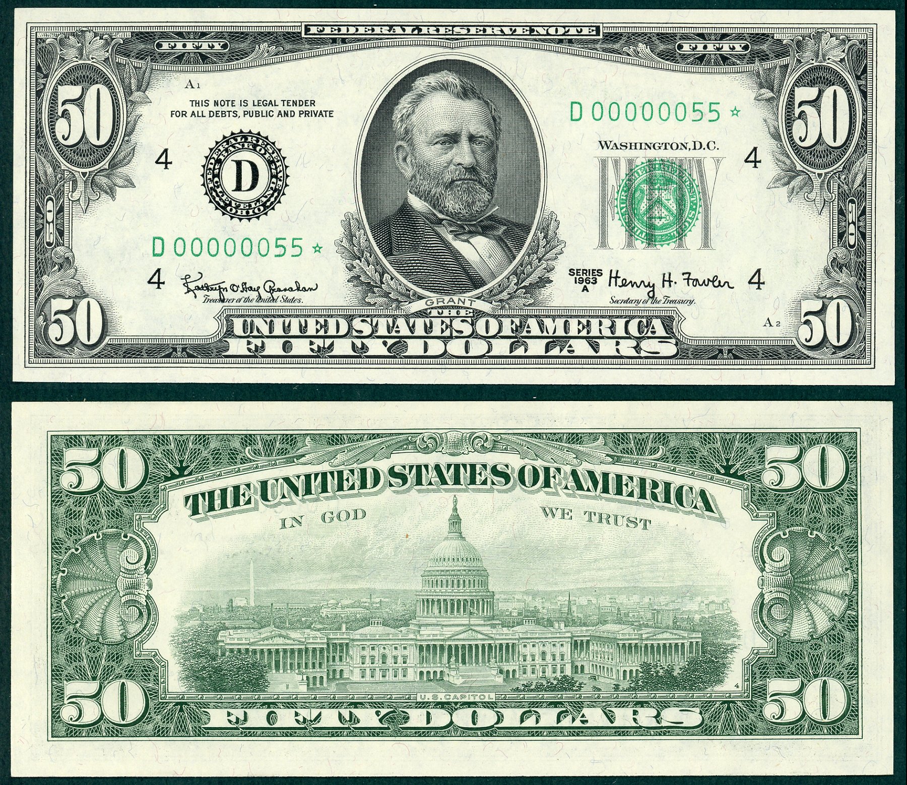 1963A $50 FRN Star Note FR-2113D* Low Fancy Two-Digit S/N D00000055* Rare Note