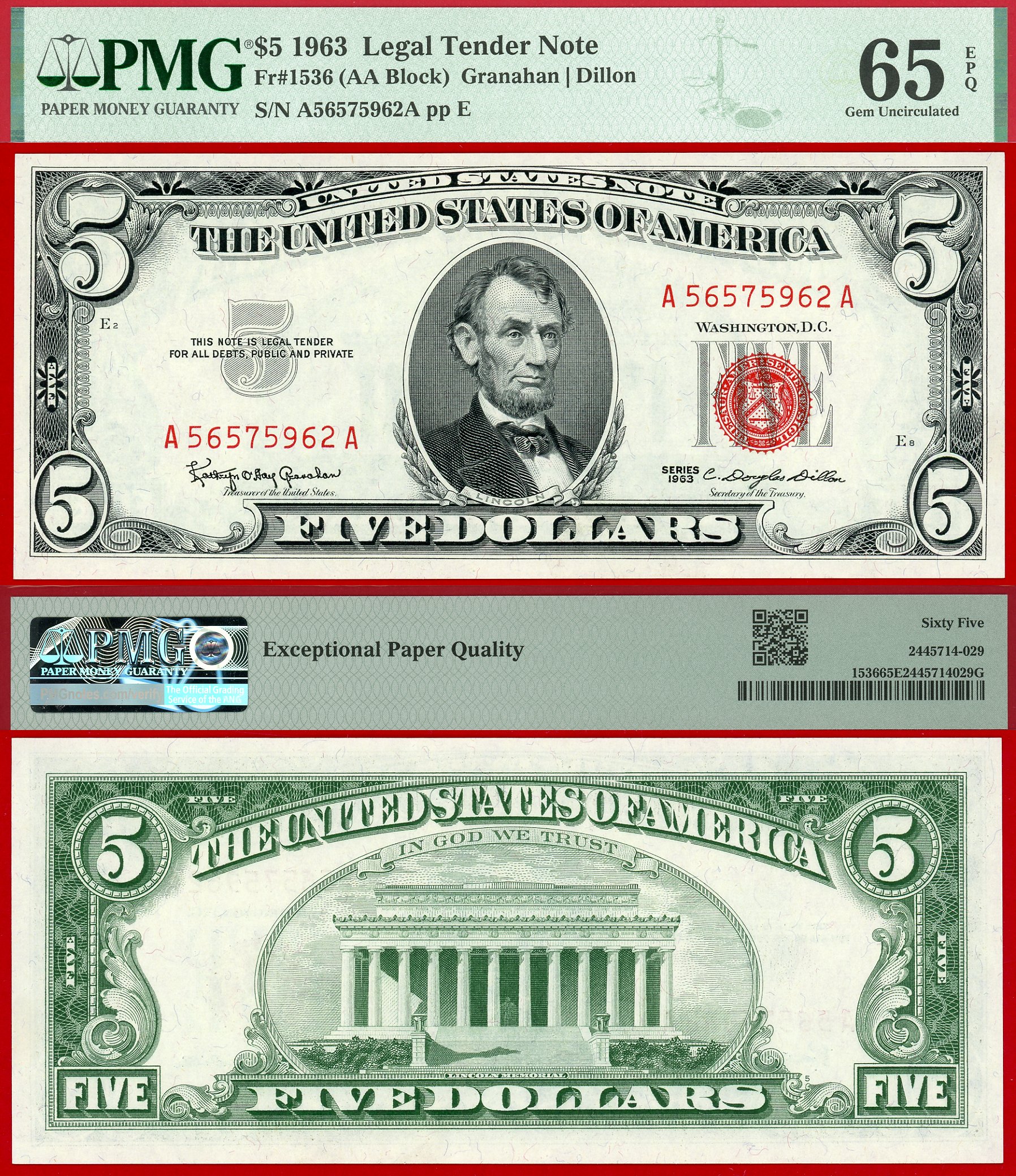 1963 $5 Legal Tender Note FR-1536 PMG Gem 65EPQ S/N A56575960A S/N A56575962A