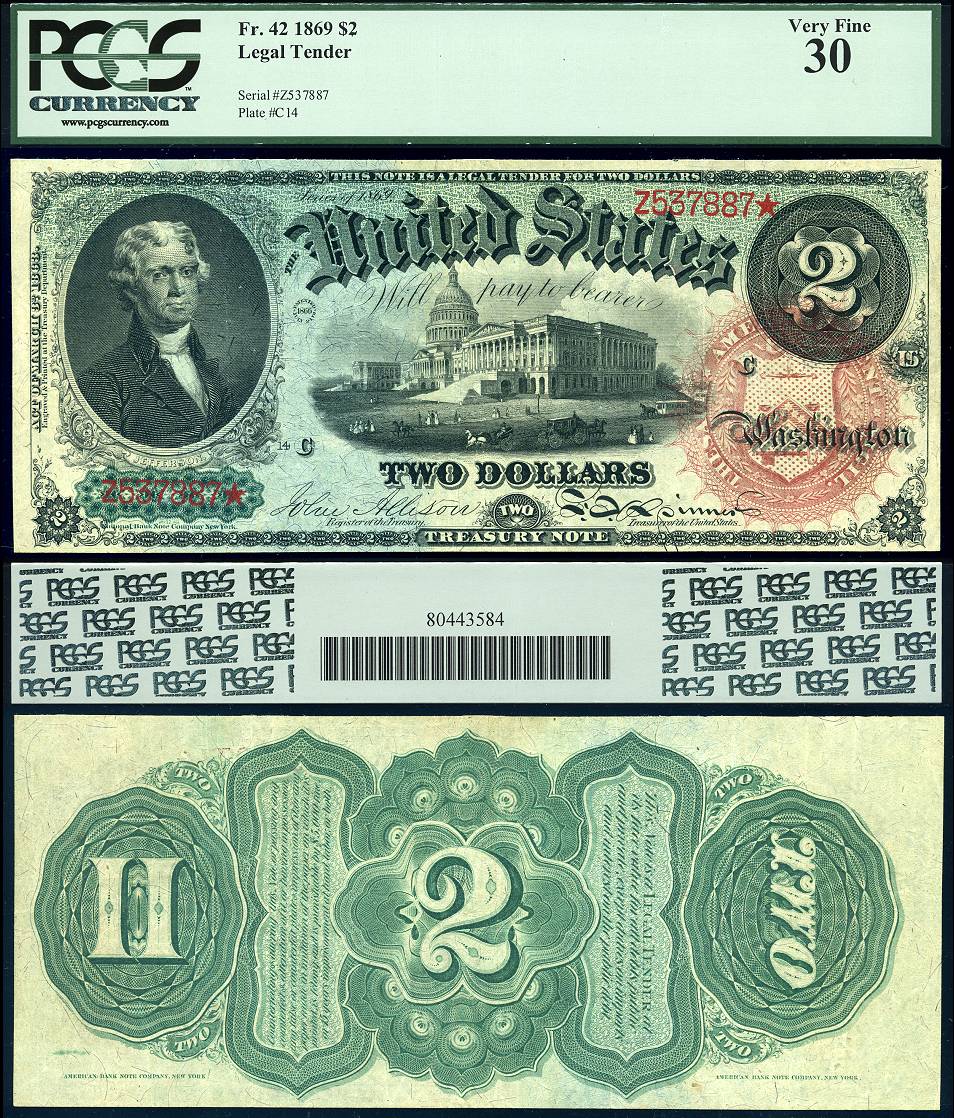 1869 $2 Legal Tender Rainbow Note FR-42 PCGS VF 30 S/N Z537887