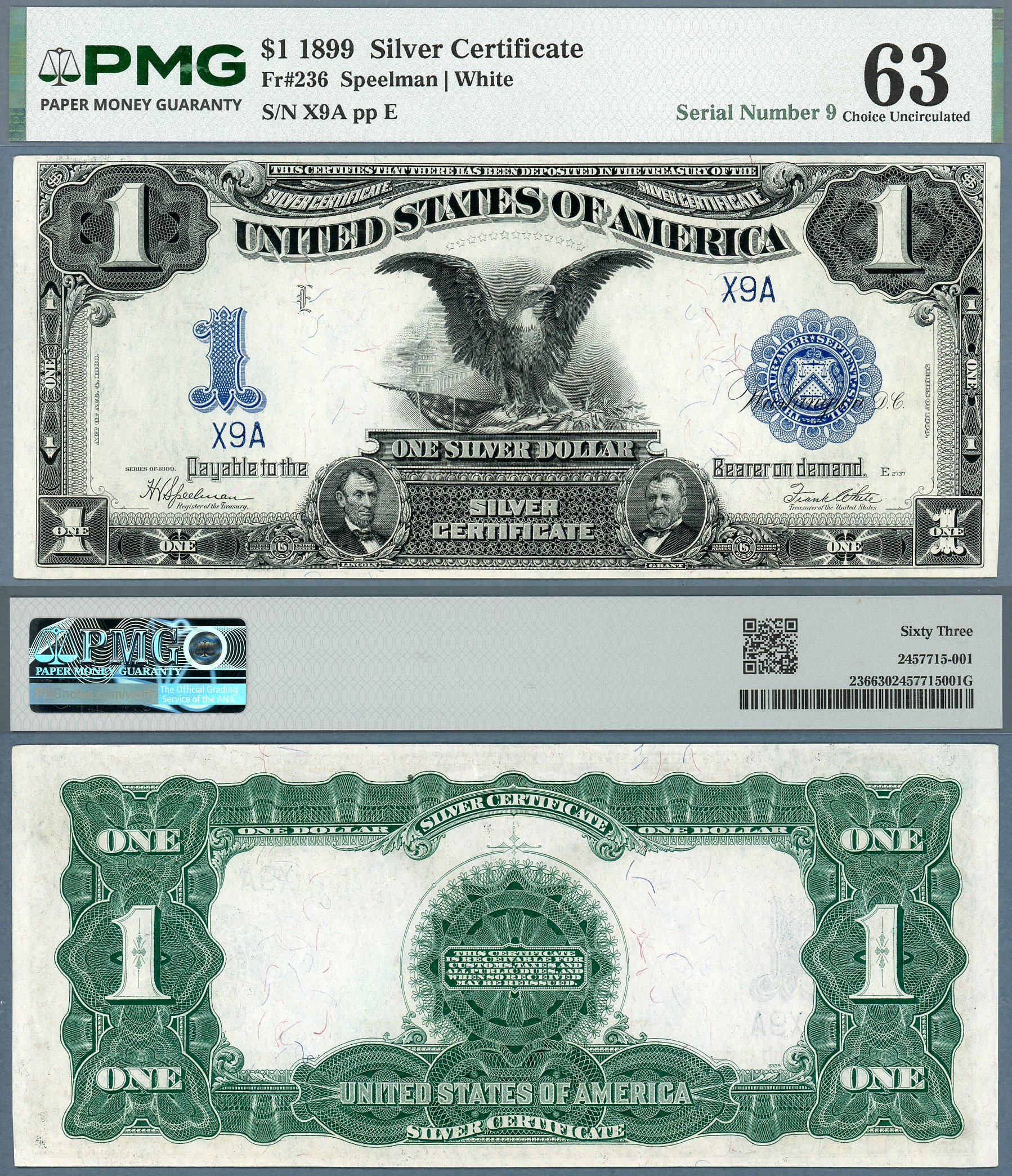 1899 $1 Silver Certificate FR-236 PMG CU63 Low Fancy S/N X9A